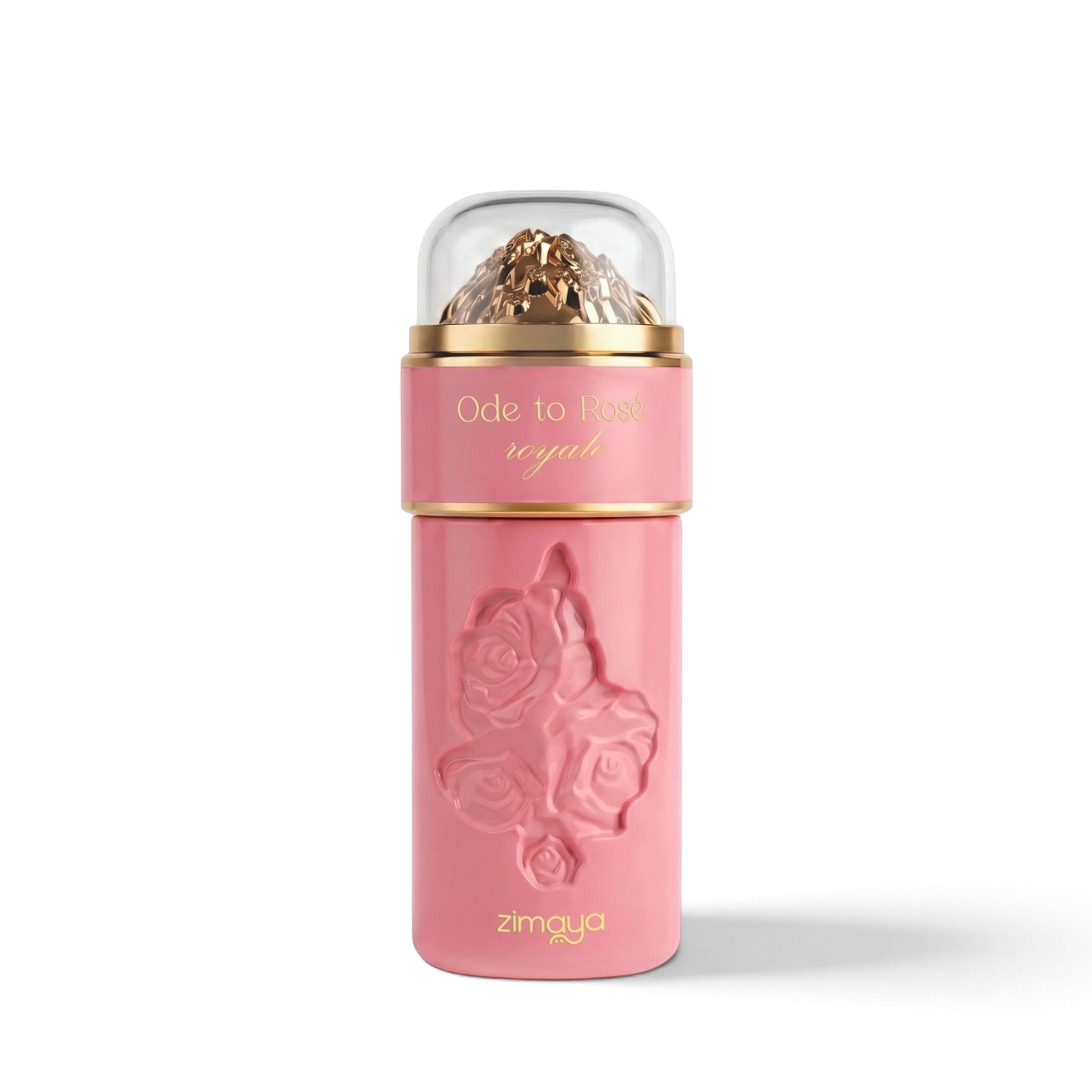 Palette 21 Zimaya Ode to Rose Royale Eau de Parfum 3.4 oz for women in a pink bottle with embossed rose and gold cap