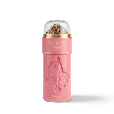 Palette 21 Zimaya Ode to Rose Royale Eau de Parfum 3.4 oz for women in a pink bottle with embossed rose and gold cap