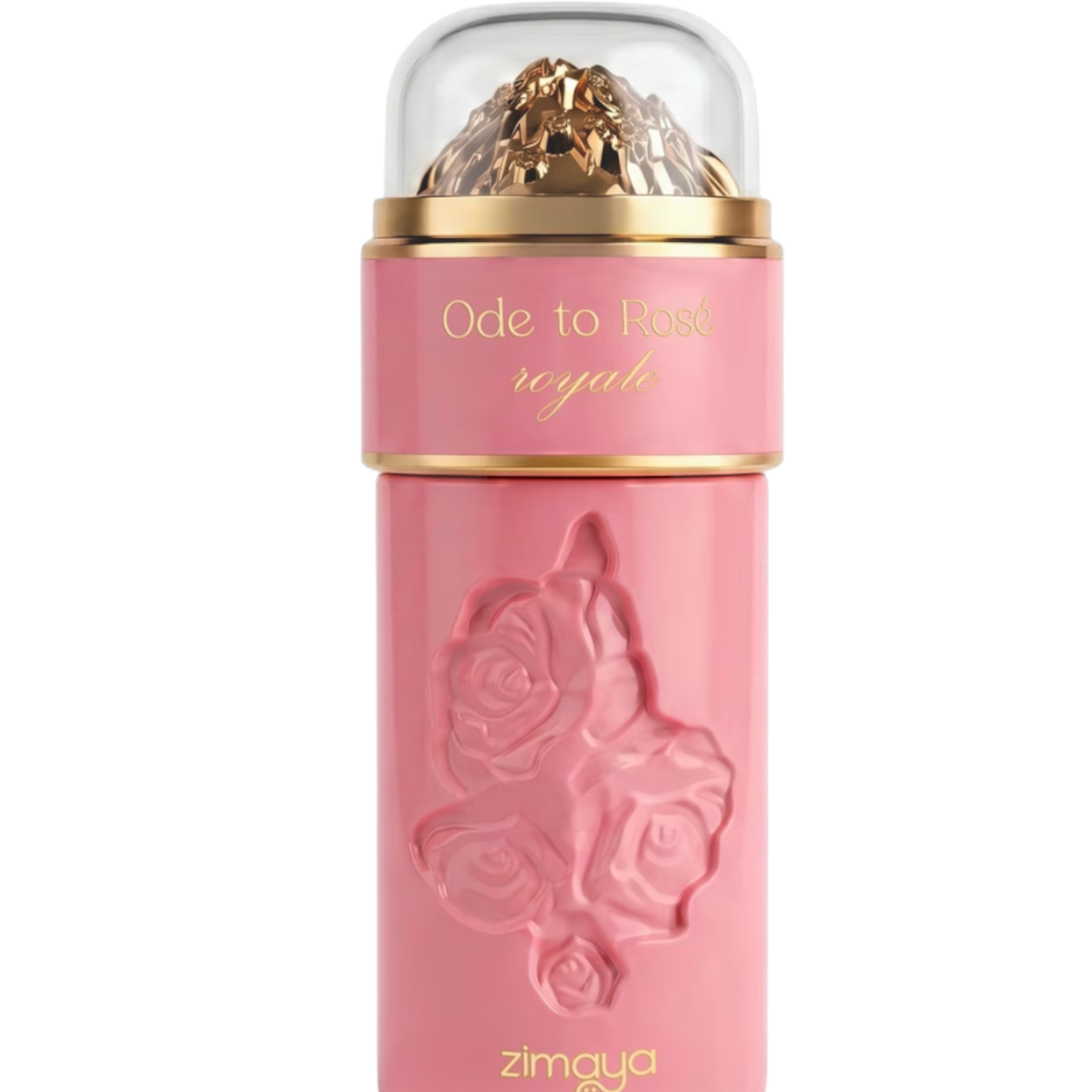 Palette 21 Afnan Zimaya Ode to Rose Royale eau de parfum spray in a pink bottle with embossed rose and gold cap