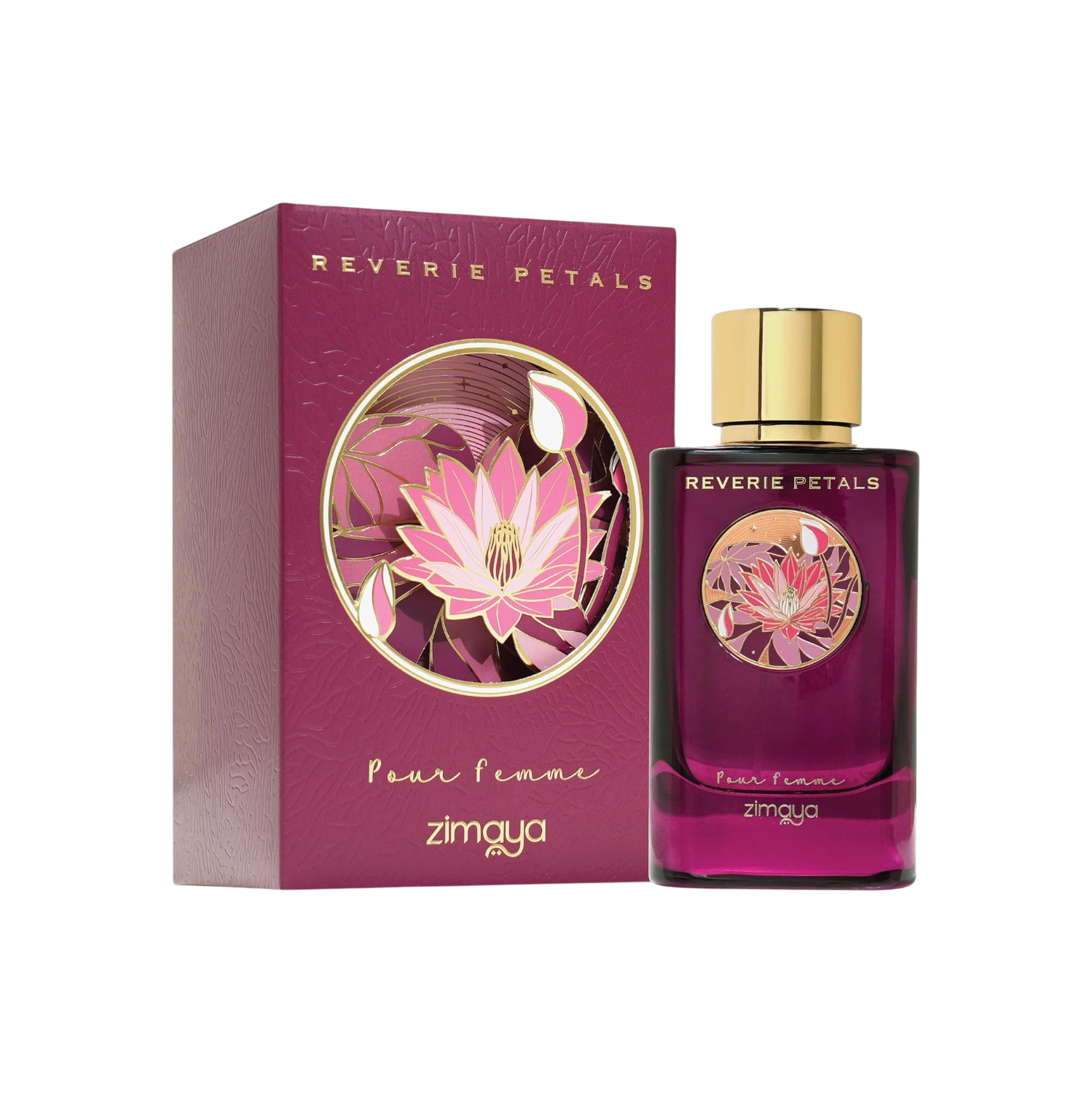 Palette 21 Zimaya Reverie Petals Eau de Parfum in a deep purple bottle with floral art next to its matching box