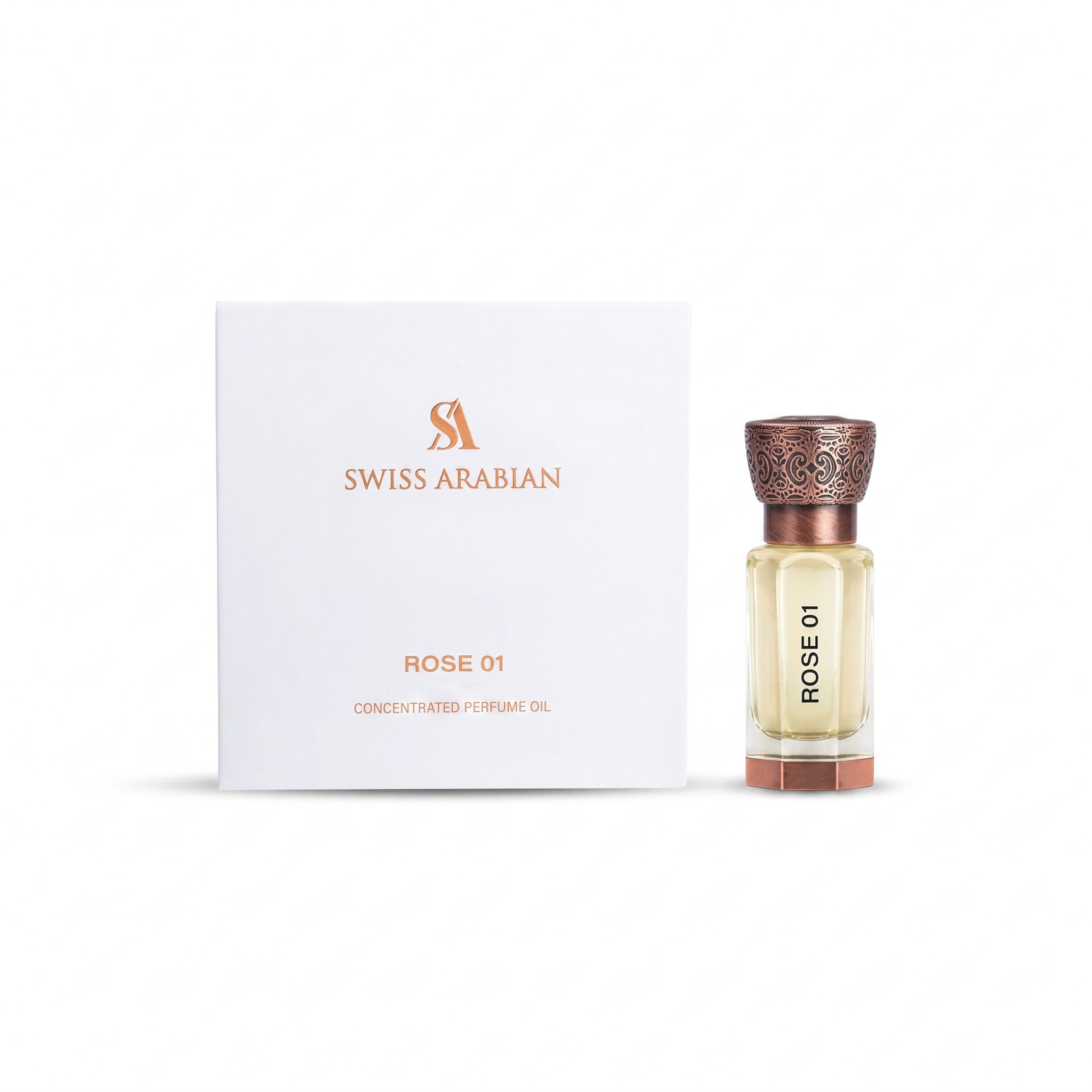 Swiss Arabian Rose 01 12ml concentrated perfume oil shown with its presentation box