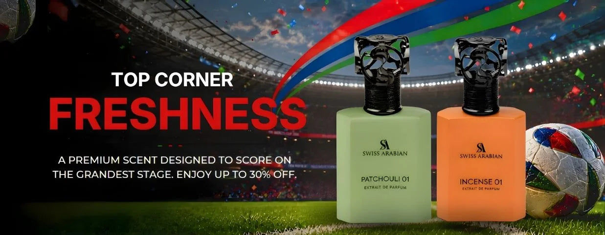 Two perfume bottles with a soccer ball on a sports field background, promoting 'Top Corner Freshness' fragrance.