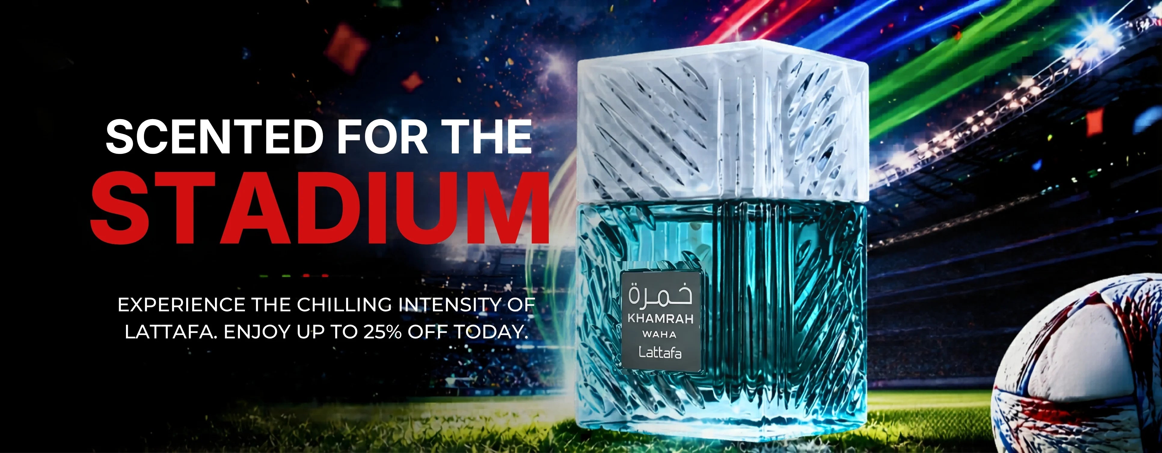 Lattaafa Waha perfume bottle with stadium background and promotional text